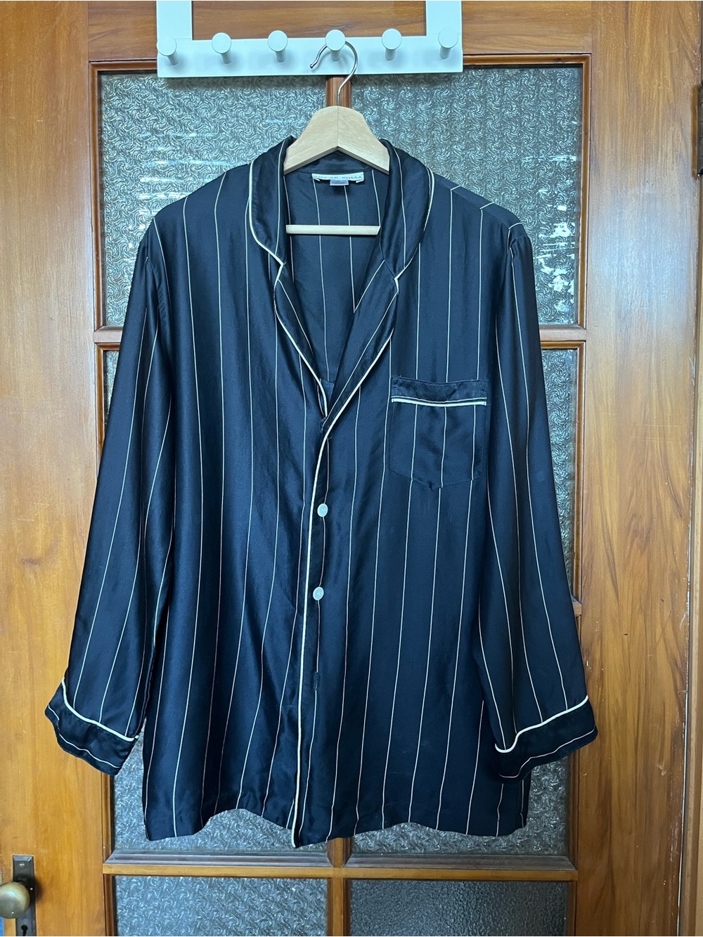 Men's Navy Pinstripe Silk Shirt with Contrast Piping